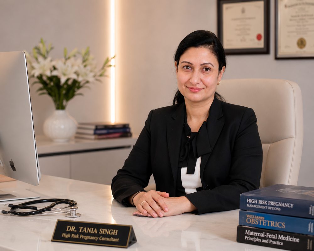 Dr. Tania Gurdip Singh at her consulting desk with medical reference books